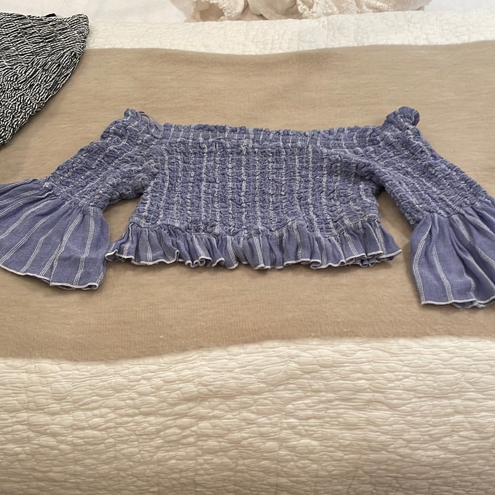 Blue and white off the shoulder cropped free people top
